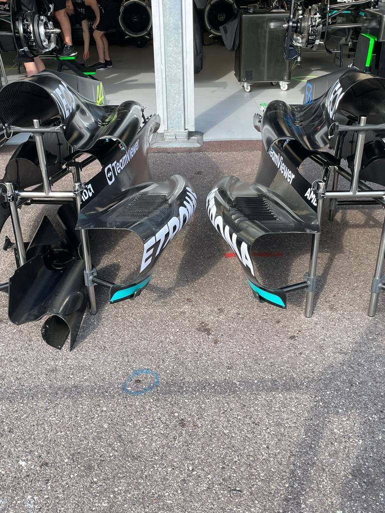 Sidepods ready for the 2023 Mercedes F1 car at Monaco - Image credit: Simon Lazenby on Twitter